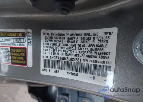 2008 Honda Civic Lx from USA, damaged, VIN 1HGFA16548L024331